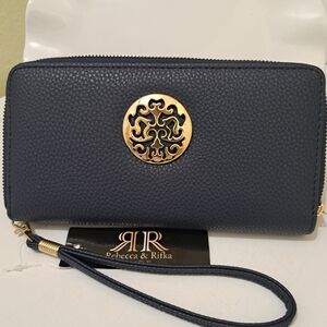 Navy Pebbled Leather Zip Wallet Wristlet